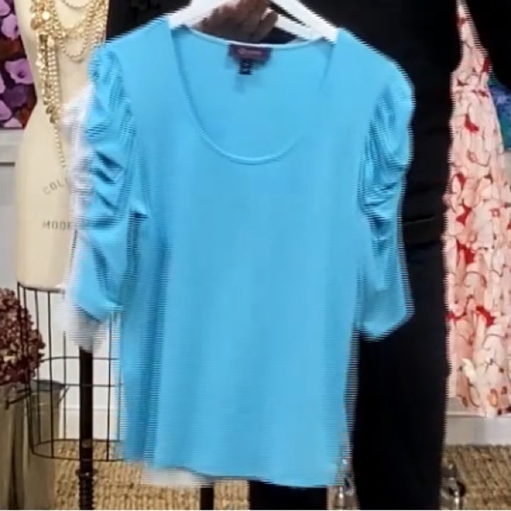 NWT C Wonder Women's Scoop Neck Puff-Sleeve Top in Turquoise Color